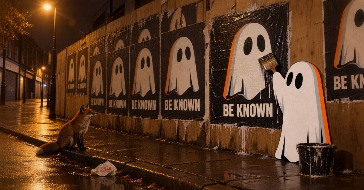 The ghost pasting BE KNOWN posters on a wall at night while a fox watches