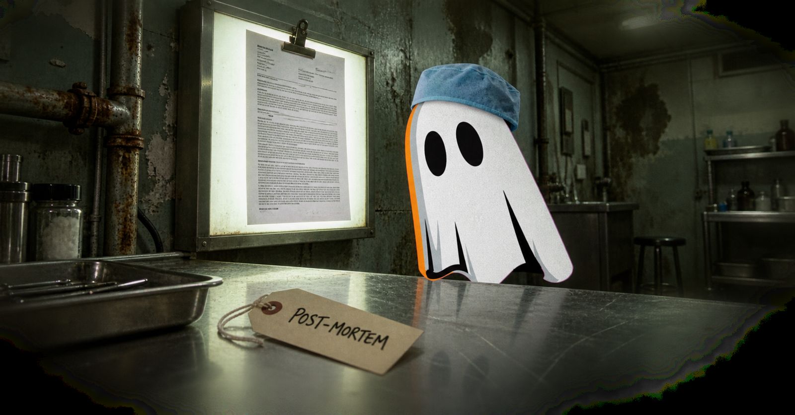 The ghost in a surgical cap in a morgue, beside a manila POST-MORTEM toe tag and a lightbox report