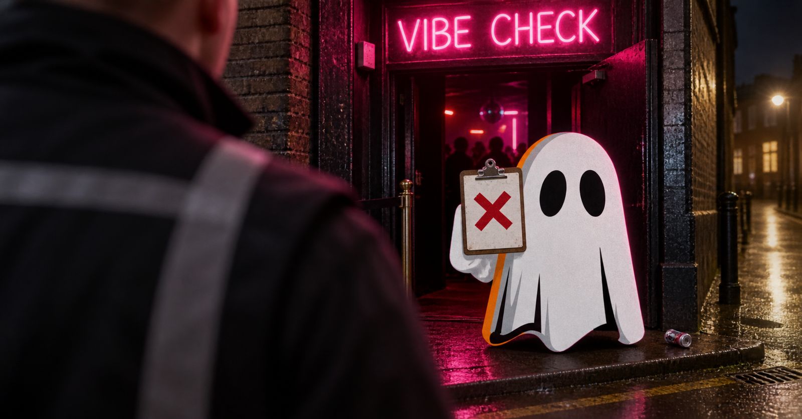 The ghost with a clipboard at a club door under a pink VIBE CHECK neon sign