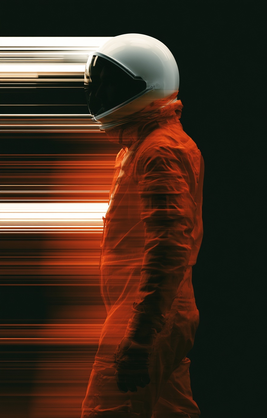 A lone figure in a suit, lit by streaks of motion against black